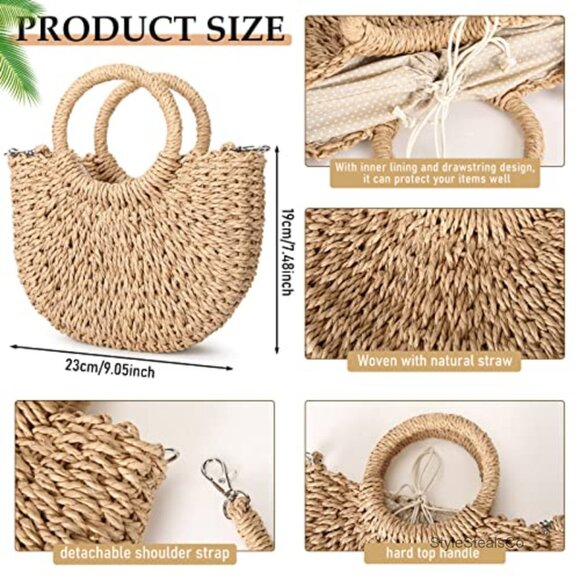 Mini Rattan Straw Tote Bag with Removable Strap, Drawstring Closure - Picture 4 of 7